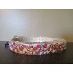 White Faux Leather Belt Red White Studs Black Marble Punk Y2K Adjustable Waist